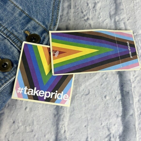 Take Pride Adult Gender Rainbow Denim Shortalls Jumpsuit Large Denim Overalls - Picture 11 of 16